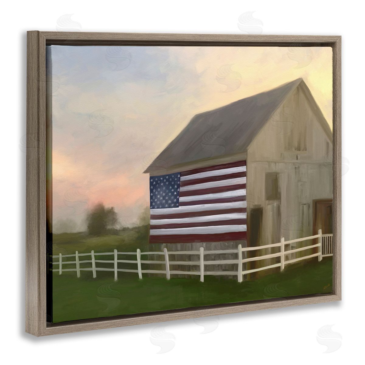 Amy Hall American Flag Rural Barn Sunset Farm Landscape Brown Floating Frame Canvas Wall Art Print