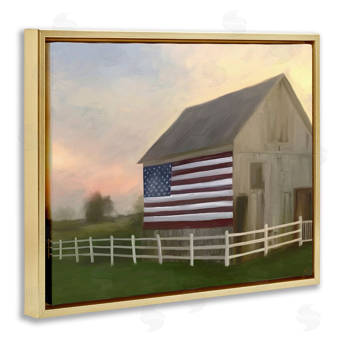 Amy Hall American Flag Rural Barn Sunset Farm Landscape Gold Floating Frame Canvas Wall Art Print