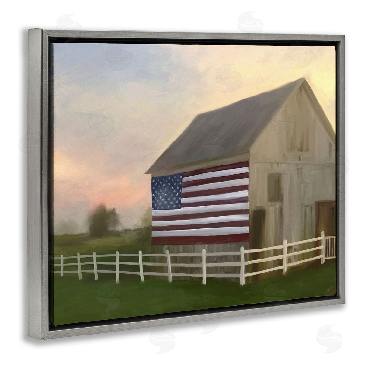 Amy Hall American Flag Rural Barn Sunset Farm Landscape Gray Floating Frame Canvas Wall Art Print