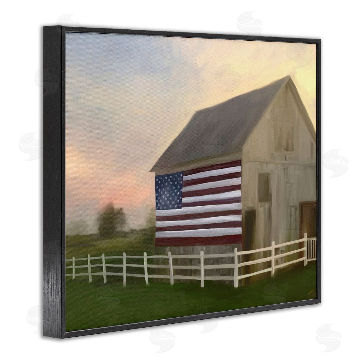 Amy Hall American Flag Rural Barn Sunset Farm Landscape Black Framed Giclee Wall Art Print