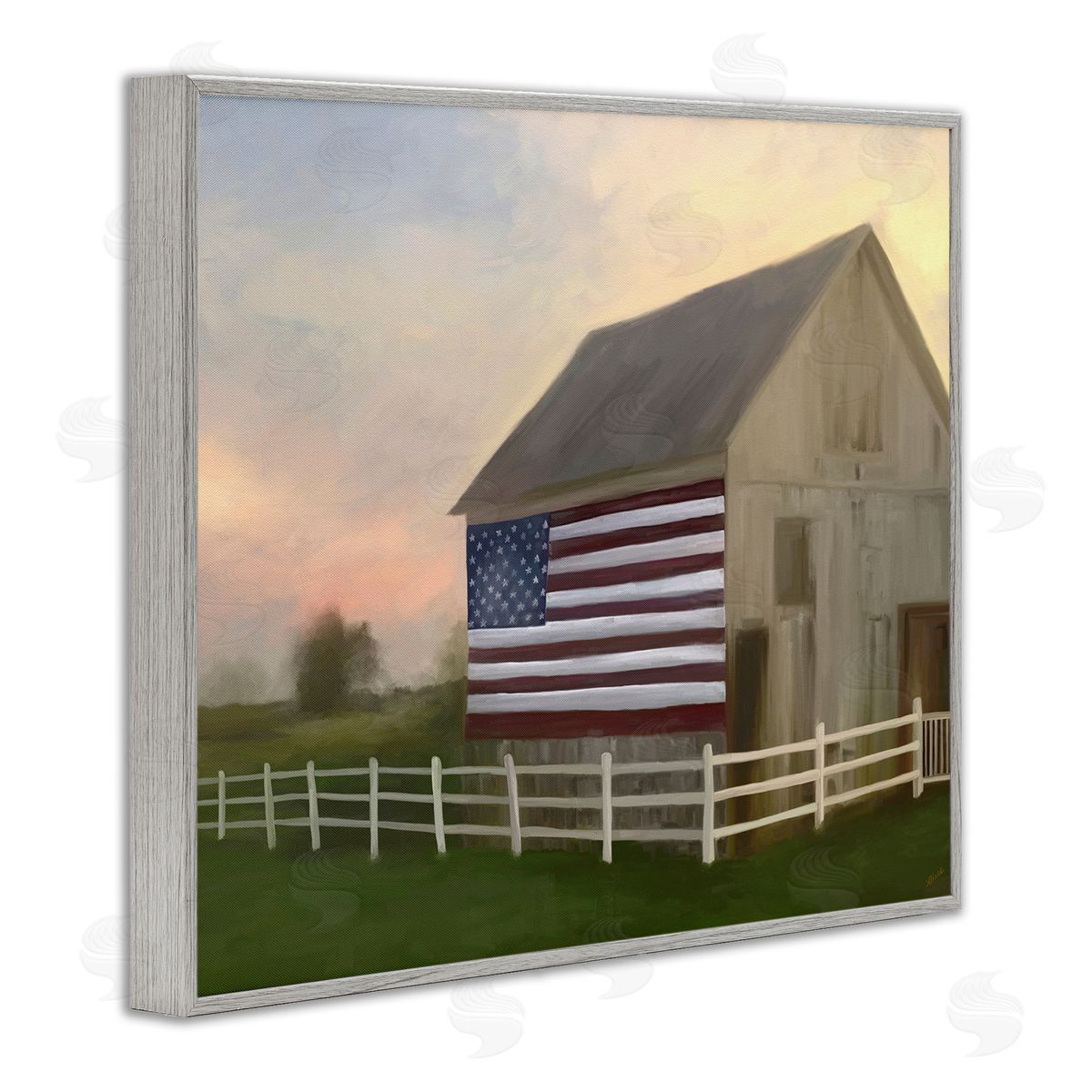 Amy Hall American Flag Rural Barn Sunset Farm Landscape Gray Framed Giclee Wall Art Print