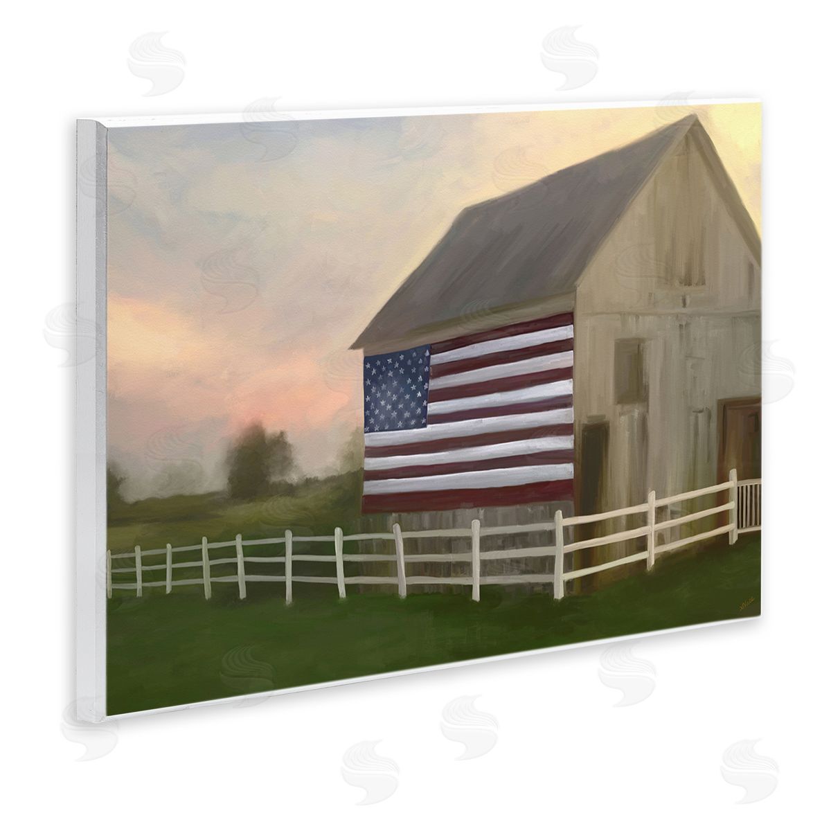 Amy Hall American Flag Rural Barn Sunset Farm Landscape Wall Plaque Art Print