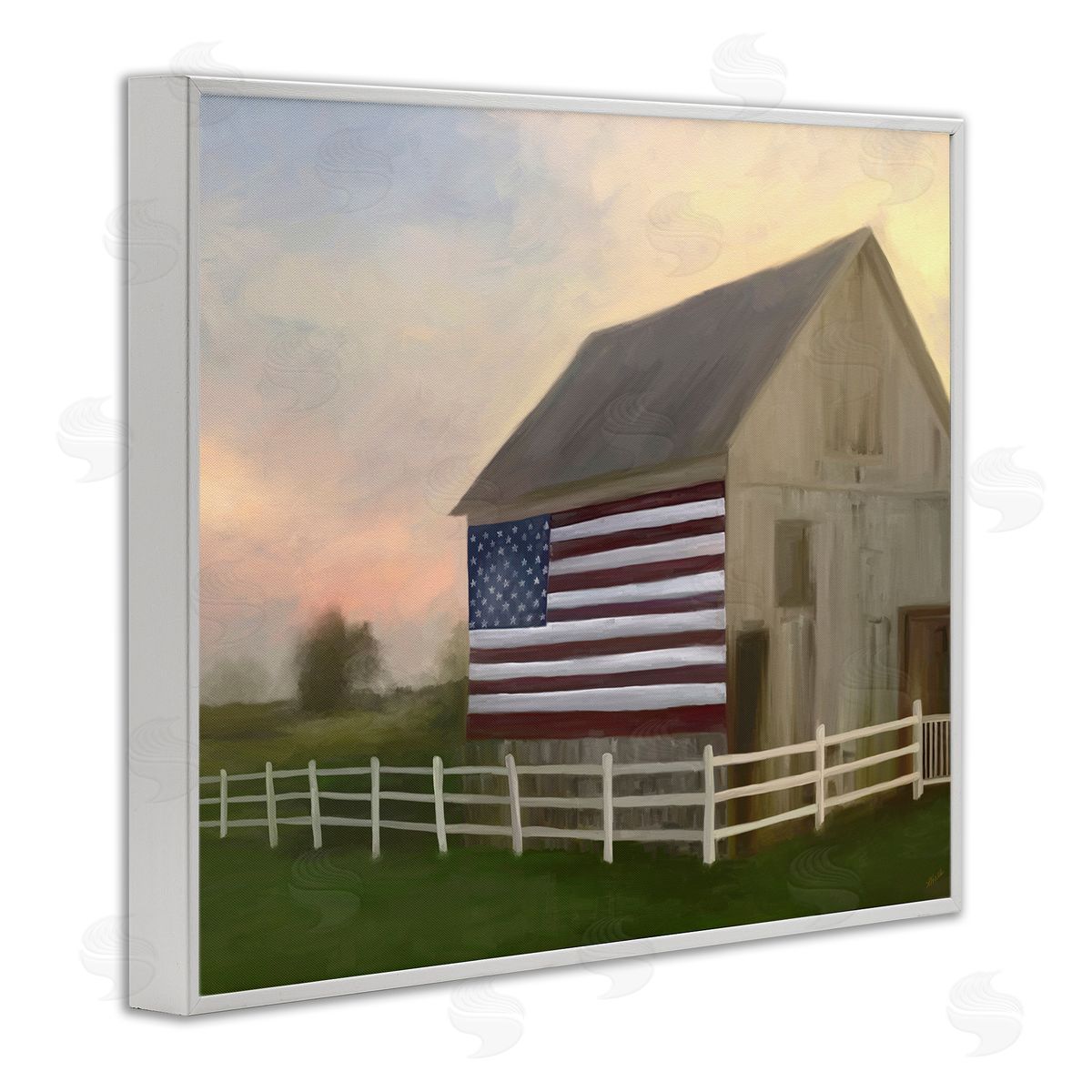 Amy Hall American Flag Rural Barn Sunset Farm Landscape White Framed Giclee Wall Art Print