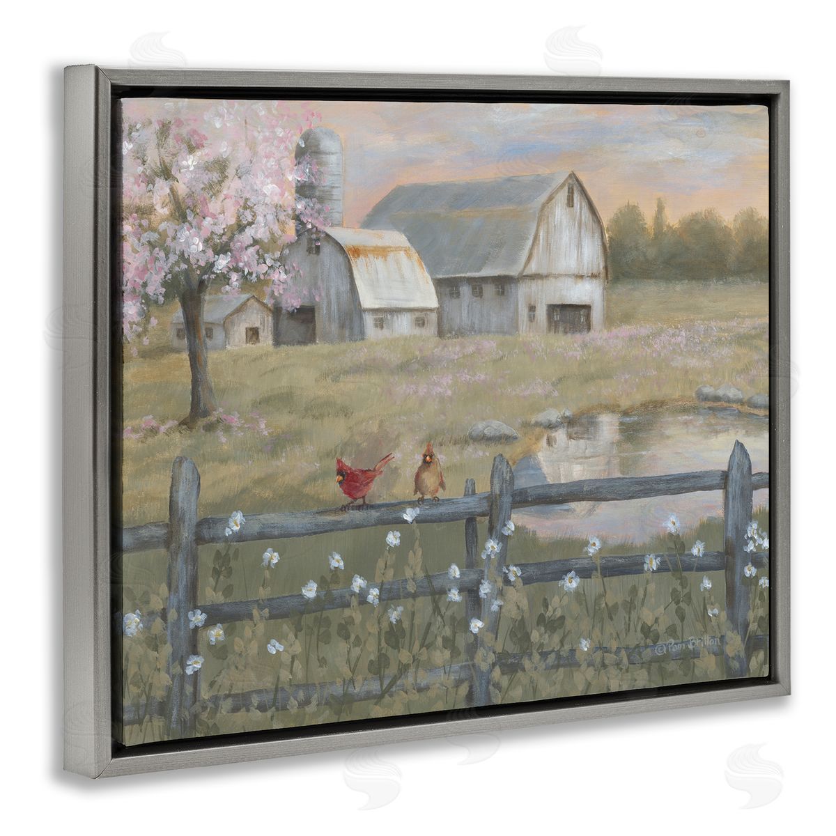 Blossoming Trees Country Farm Grey Floating Frame Canvas Wall Art, Home Decor by Pam Britton
