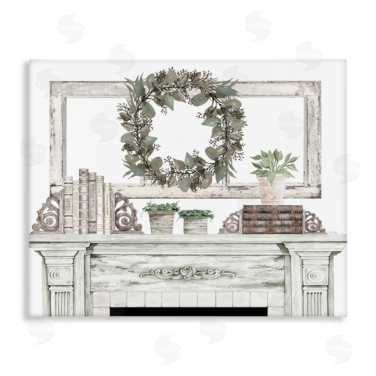 Cindy Jacobs Festive Wreath Cozy Fireplace Mantel Rustic Stretched Canvas Wall Art Print