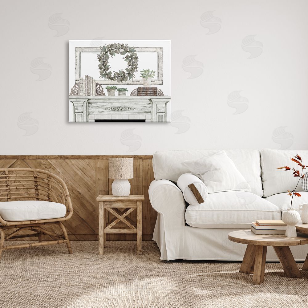 Cindy Jacobs Festive Wreath Cozy Fireplace Mantel Rustic Canvas Wall Art Print in Room