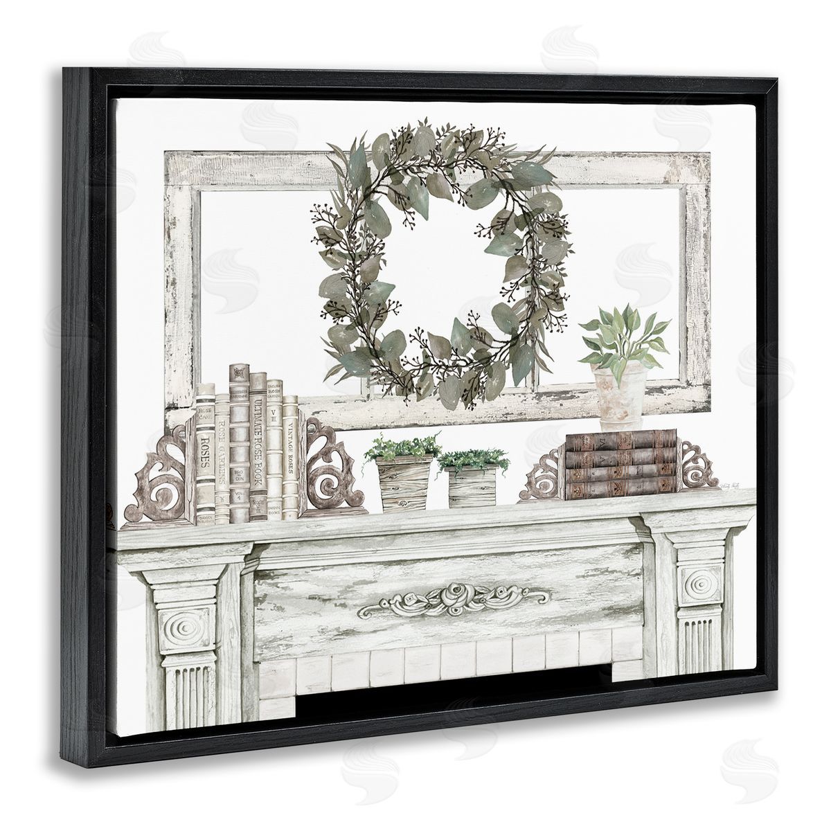 Cindy Jacobs Festive Wreath Cozy Fireplace Mantel Rustic Black Floating Frame Canvas Wall Art Print