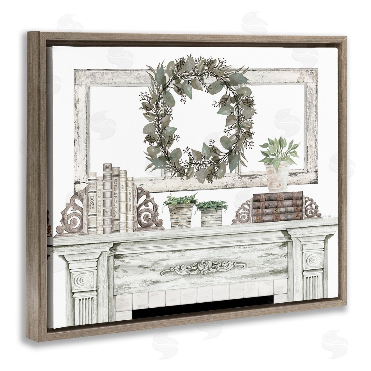 Cindy Jacobs Festive Wreath Cozy Fireplace Mantel Rustic Brown Floating Frame Canvas Wall Art Print