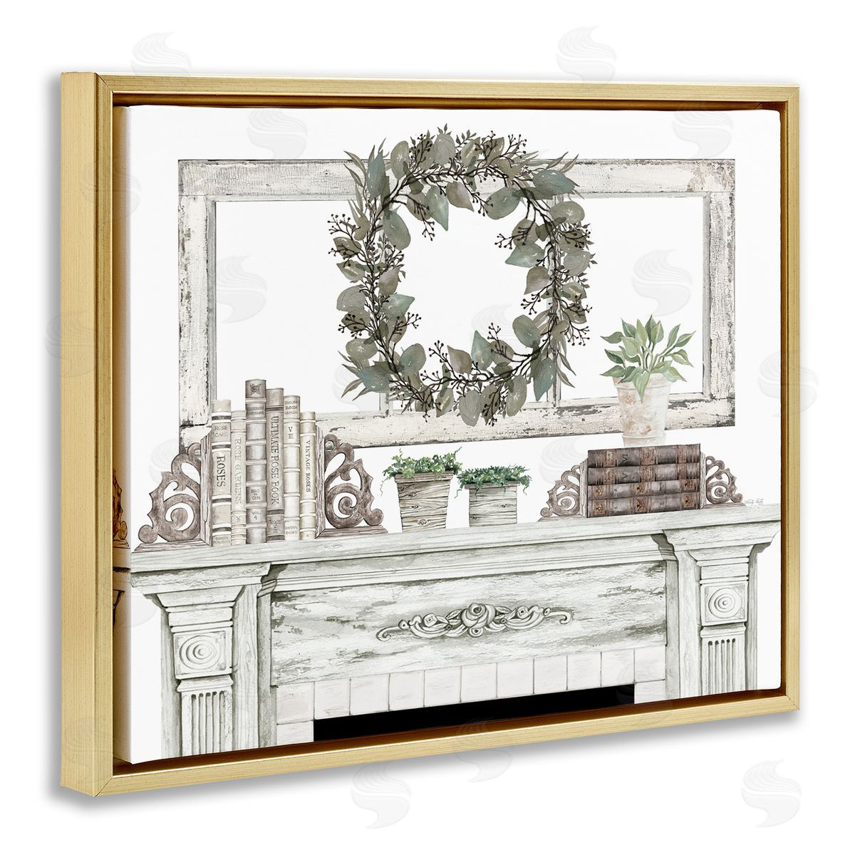 Cindy Jacobs Festive Wreath Cozy Fireplace Mantel Rustic Gold Floating Frame Canvas Wall Art Print