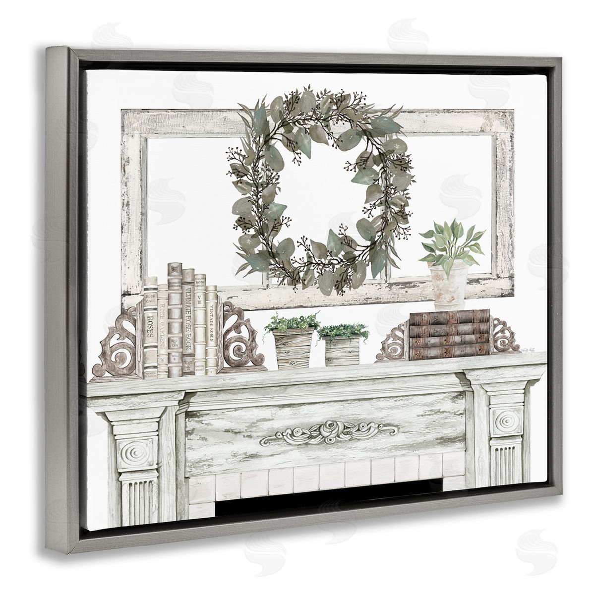 Cindy Jacobs Festive Wreath Cozy Fireplace Mantel Rustic Gray Floating Frame Canvas Wall Art Print