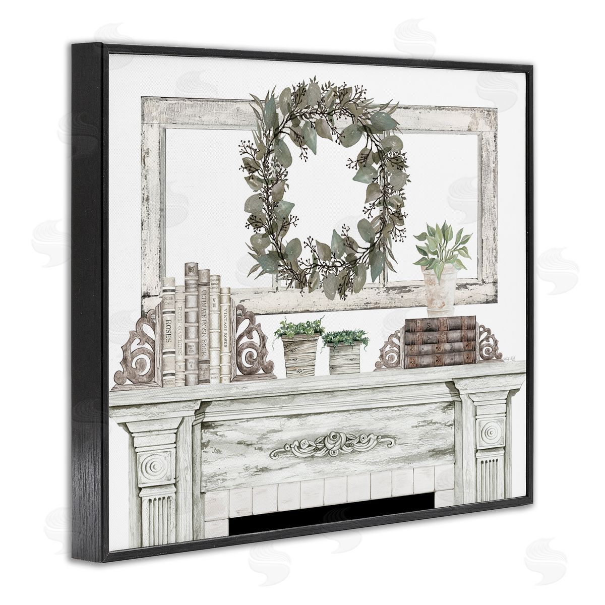Cindy Jacobs Festive Wreath Cozy Fireplace Mantel Rustic Black Framed Giclee Wall Art Print