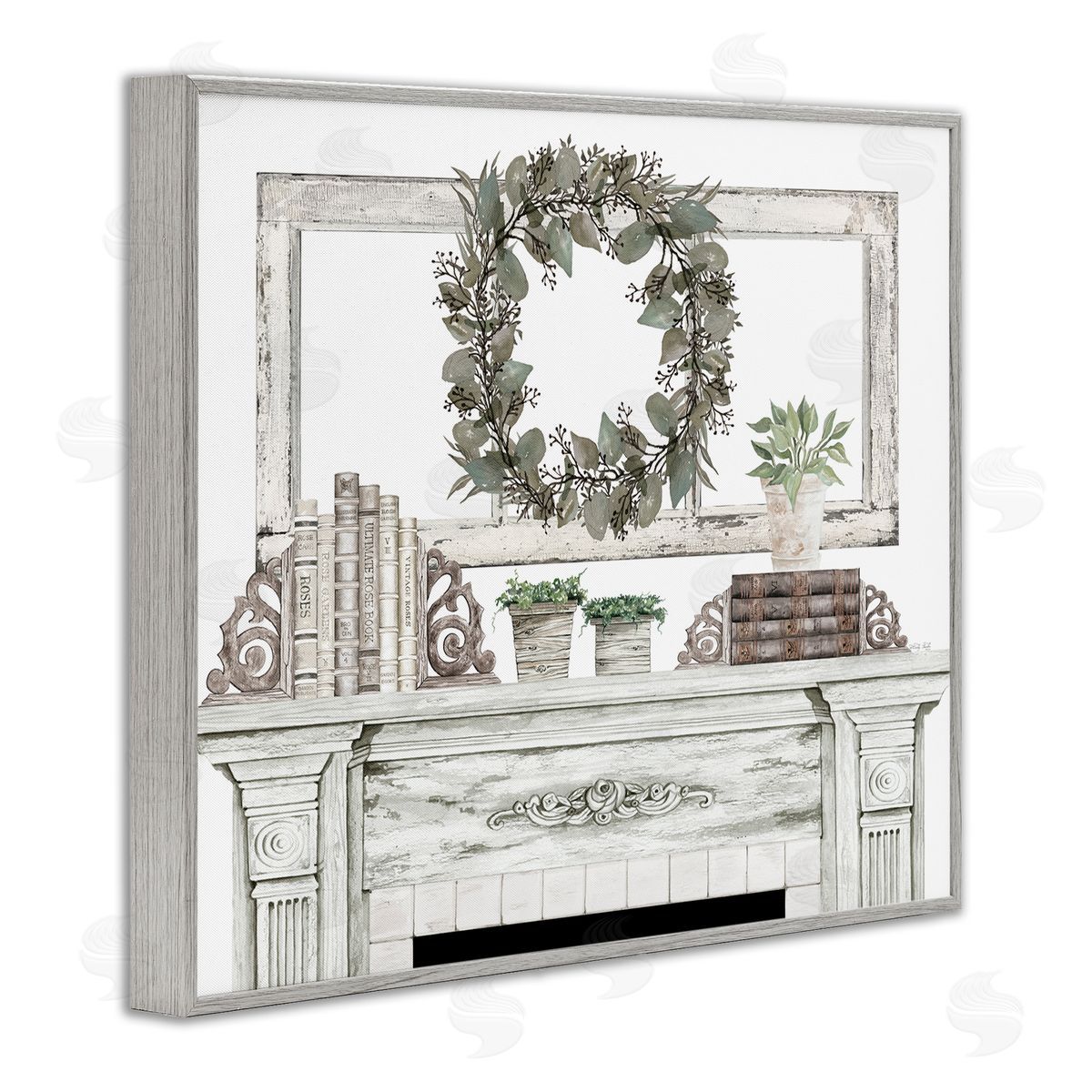 Cindy Jacobs Festive Wreath Cozy Fireplace Mantel Rustic Gray Framed Giclee Wall Art Print