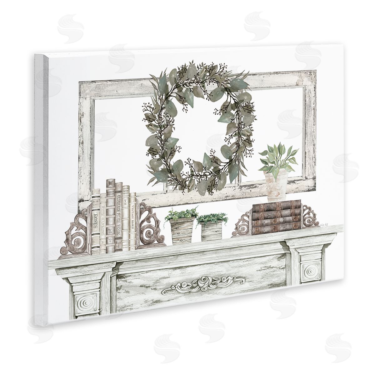 Cindy Jacobs Festive Wreath Cozy Fireplace Mantel Rustic Wall Plaque Art Print