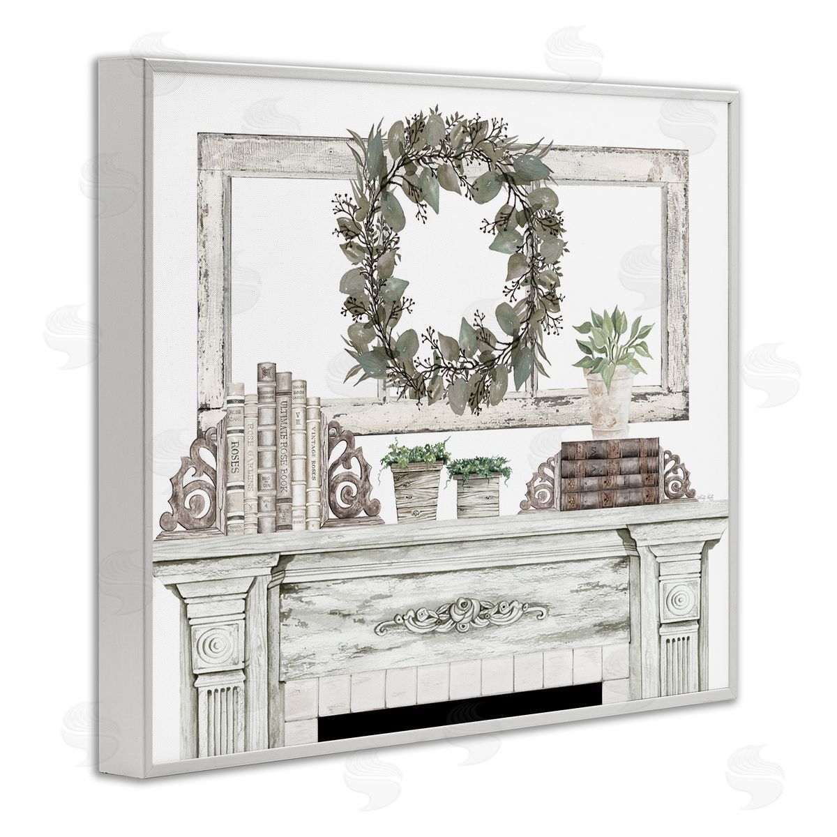 Cindy Jacobs Festive Wreath Cozy Fireplace Mantel Rustic White Framed Giclee Wall Art Print