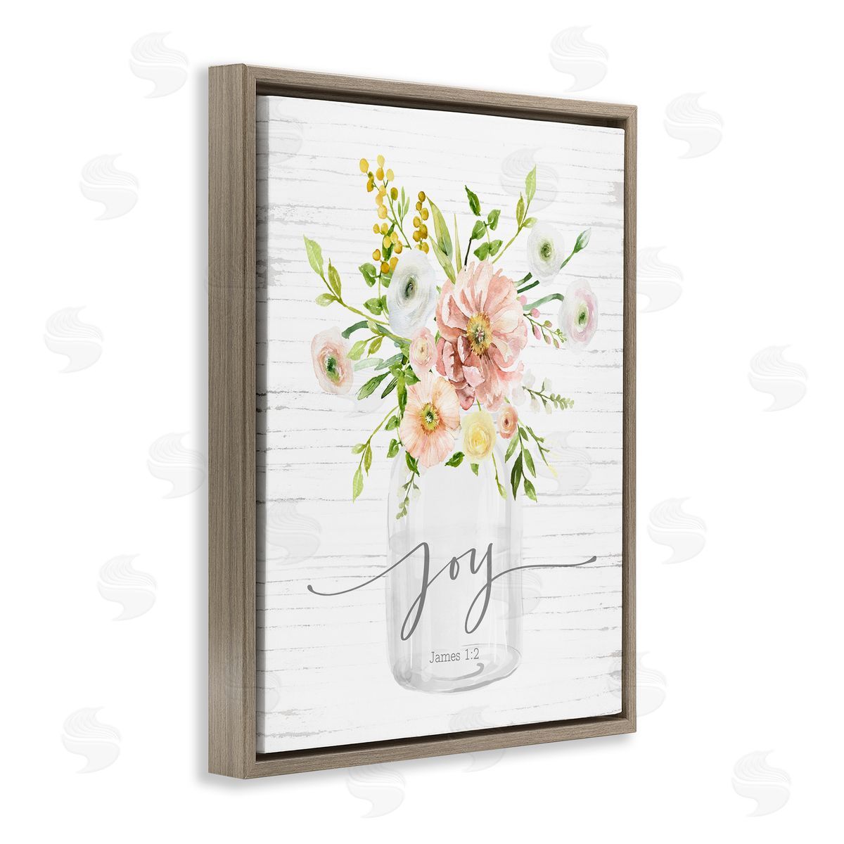 Lettered and Lined Country Bouquet Floral Arrangement Religious Joy Script Brown Floating Frame Canvas Wall Art Print
