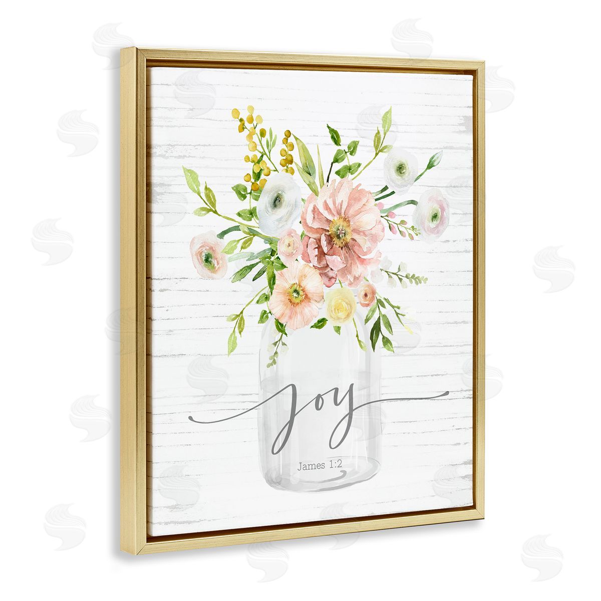 Lettered and Lined Country Bouquet Floral Arrangement Religious Joy Script Gold Floating Frame Canvas Wall Art Print