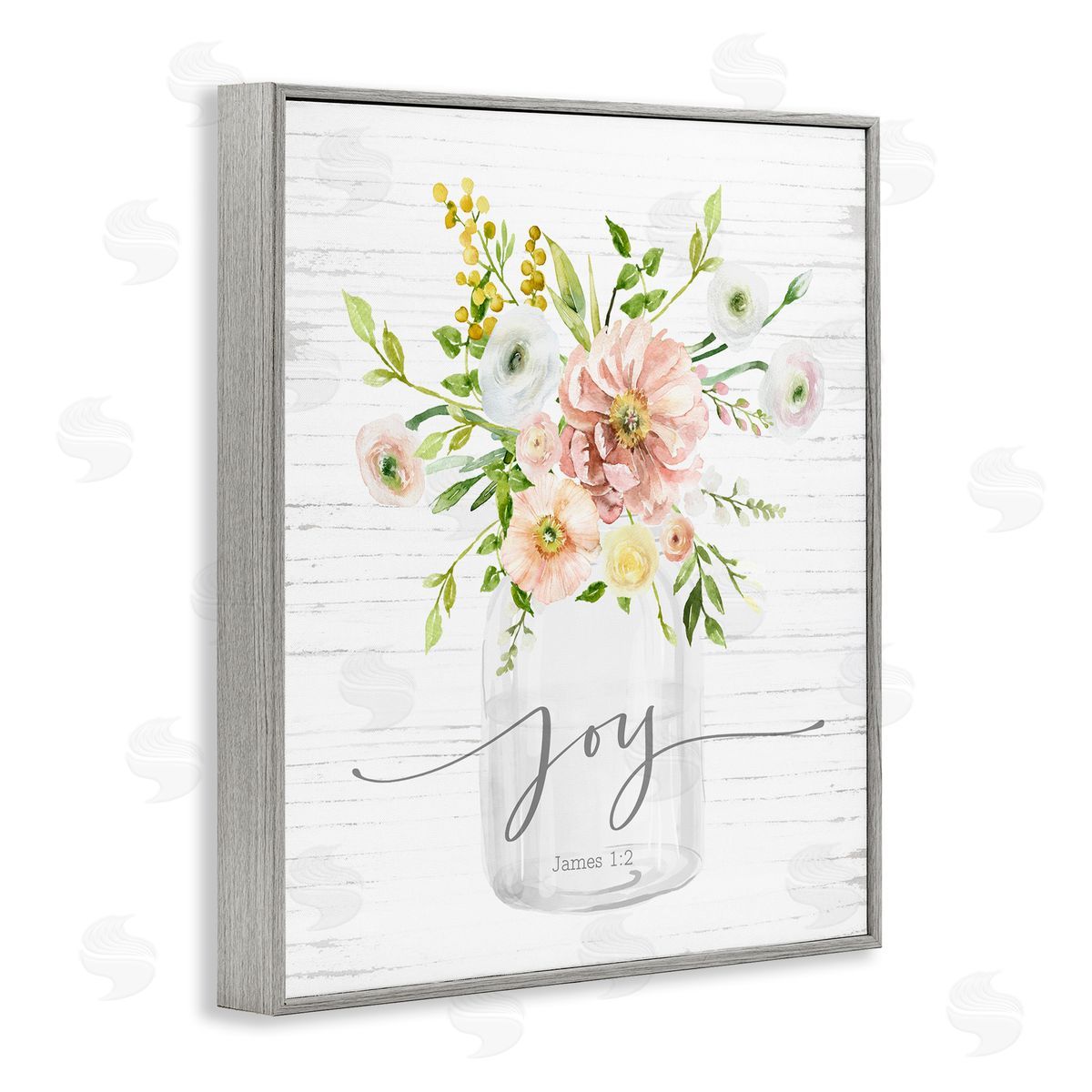 Lettered and Lined Country Bouquet Floral Arrangement Religious Joy Script Gray Framed Giclee Wall Art Print