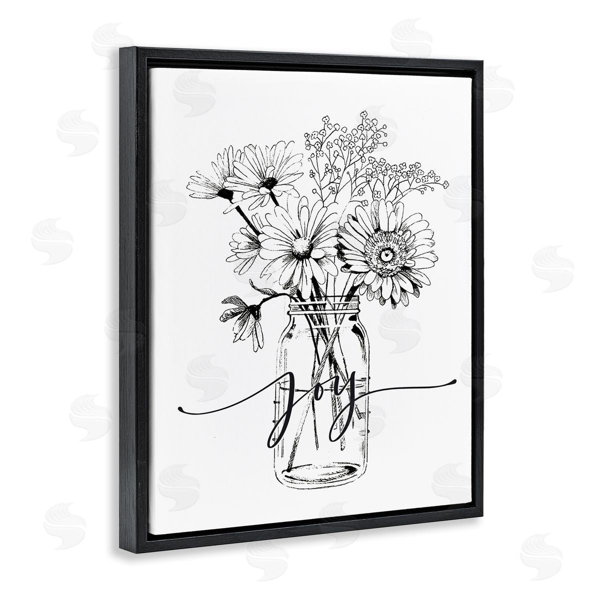 Lettered and Lined Joy Text Daisies Bouquet Detailed Line Black Floating Frame Canvas Wall Art Print