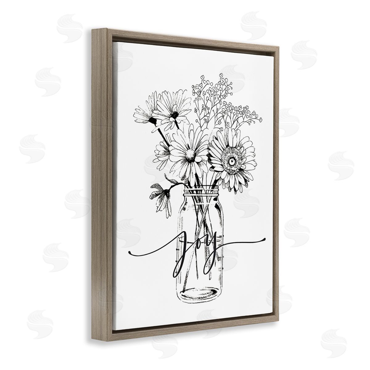 Lettered and Lined Joy Text Daisies Bouquet Detailed Line Brown Floating Frame Canvas Wall Art Print