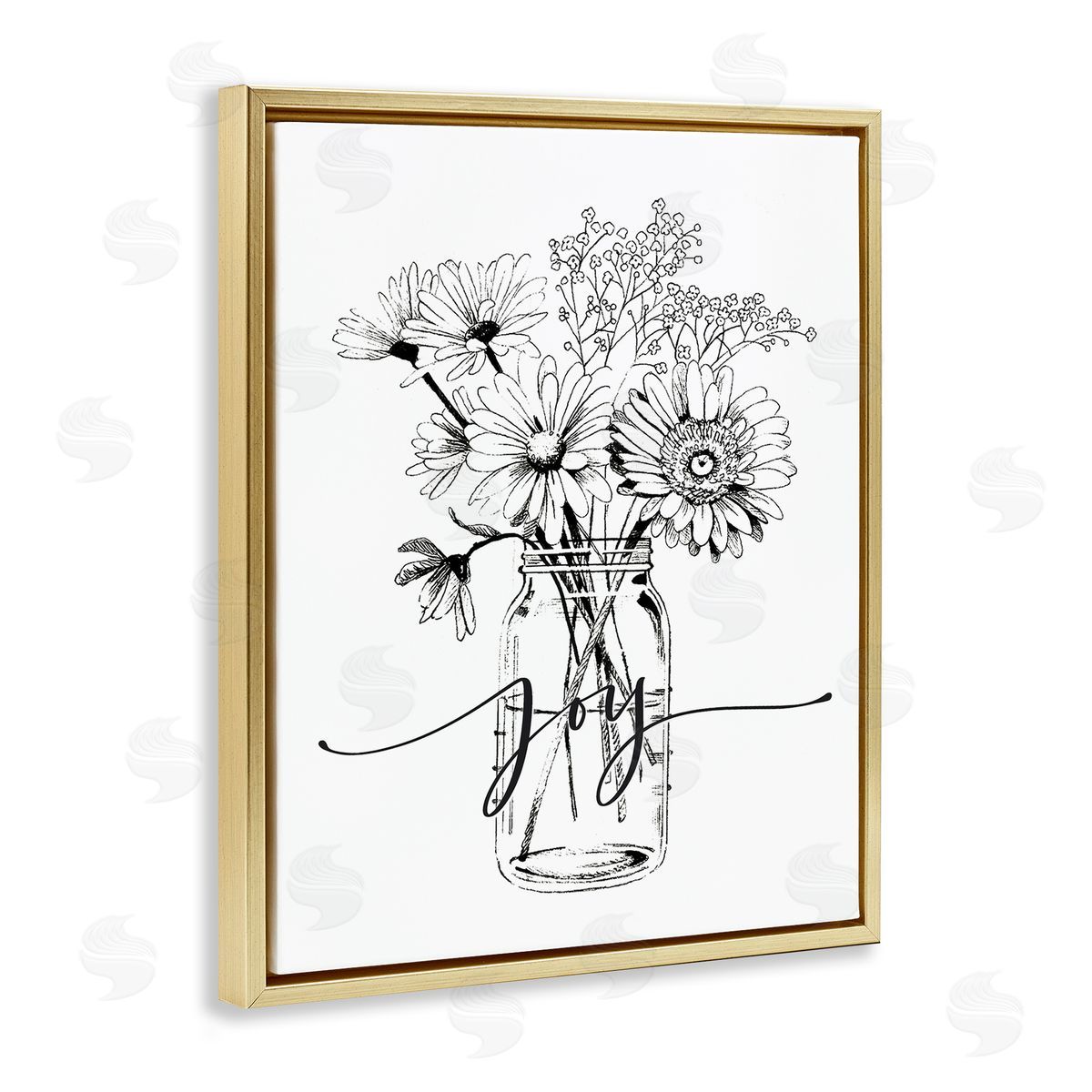 Lettered and Lined Joy Text Daisies Bouquet Detailed Line Gold Floating Frame Canvas Wall Art Print