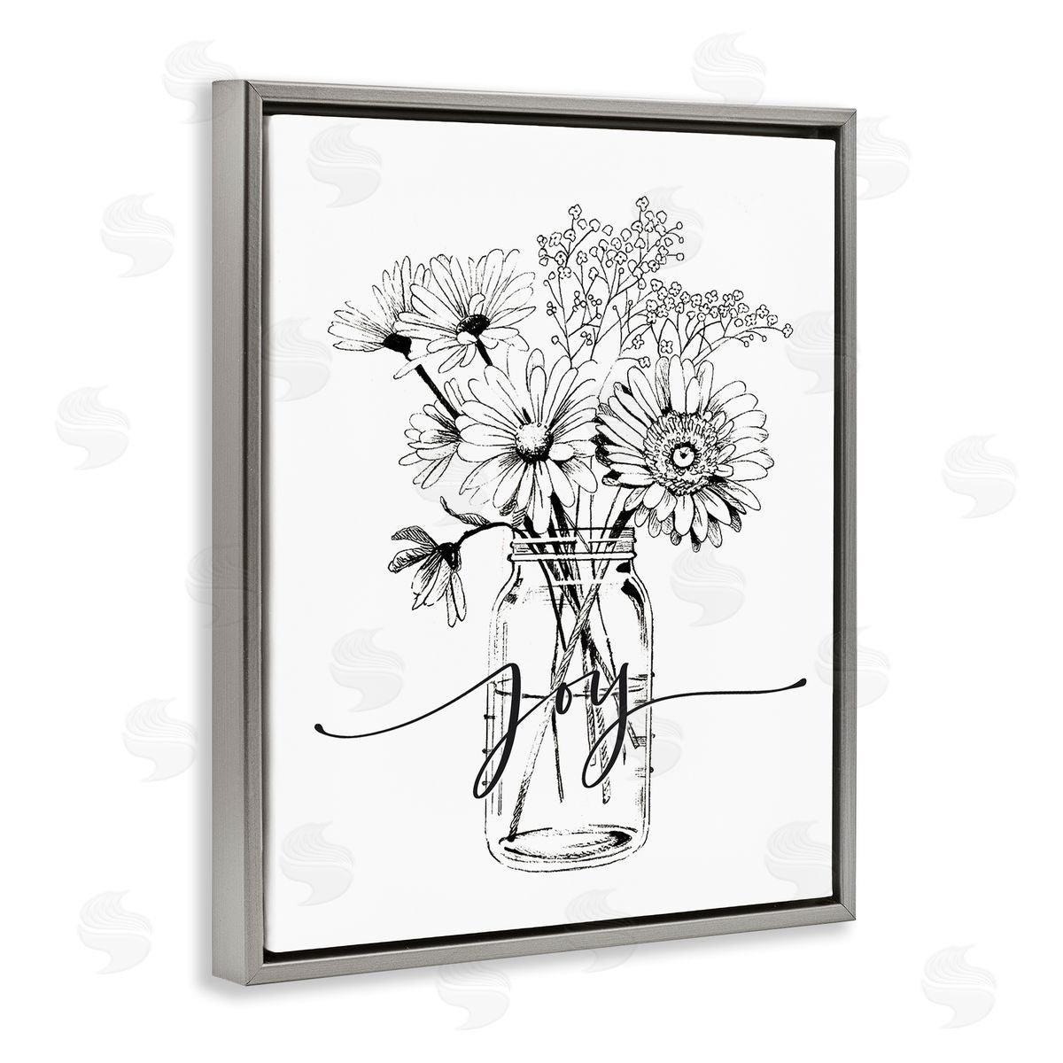 Lettered and Lined Joy Text Daisies Bouquet Detailed Line Gray Floating Frame Canvas Wall Art Print