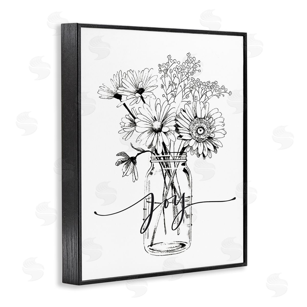 Lettered and Lined Joy Text Daisies Bouquet Detailed Line Black Framed Giclee Wall Art Print