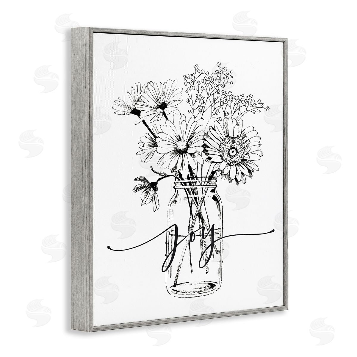 Lettered and Lined Joy Text Daisies Bouquet Detailed Line Gray Framed Giclee Wall Art Print