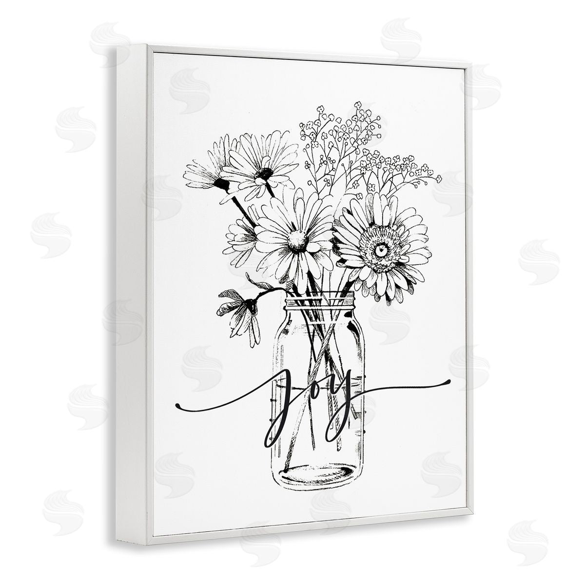 Lettered and Lined Joy Text Daisies Bouquet Detailed Line White Framed Giclee Wall Art Print
