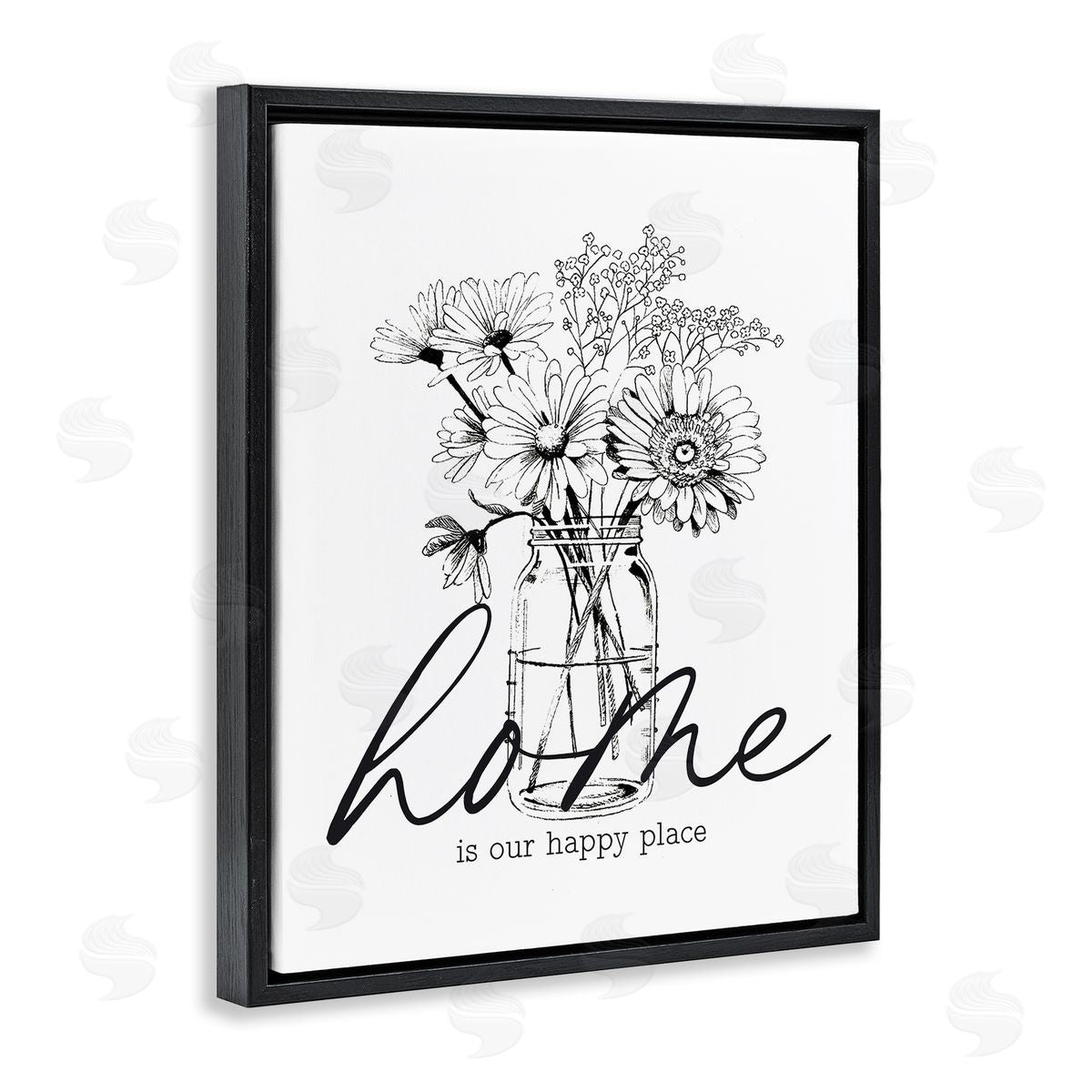 Lettered and Lined Home Happy Place Flower Blossoms Jar Bouquet  Black Floating Frame Canvas Wall Art Print
