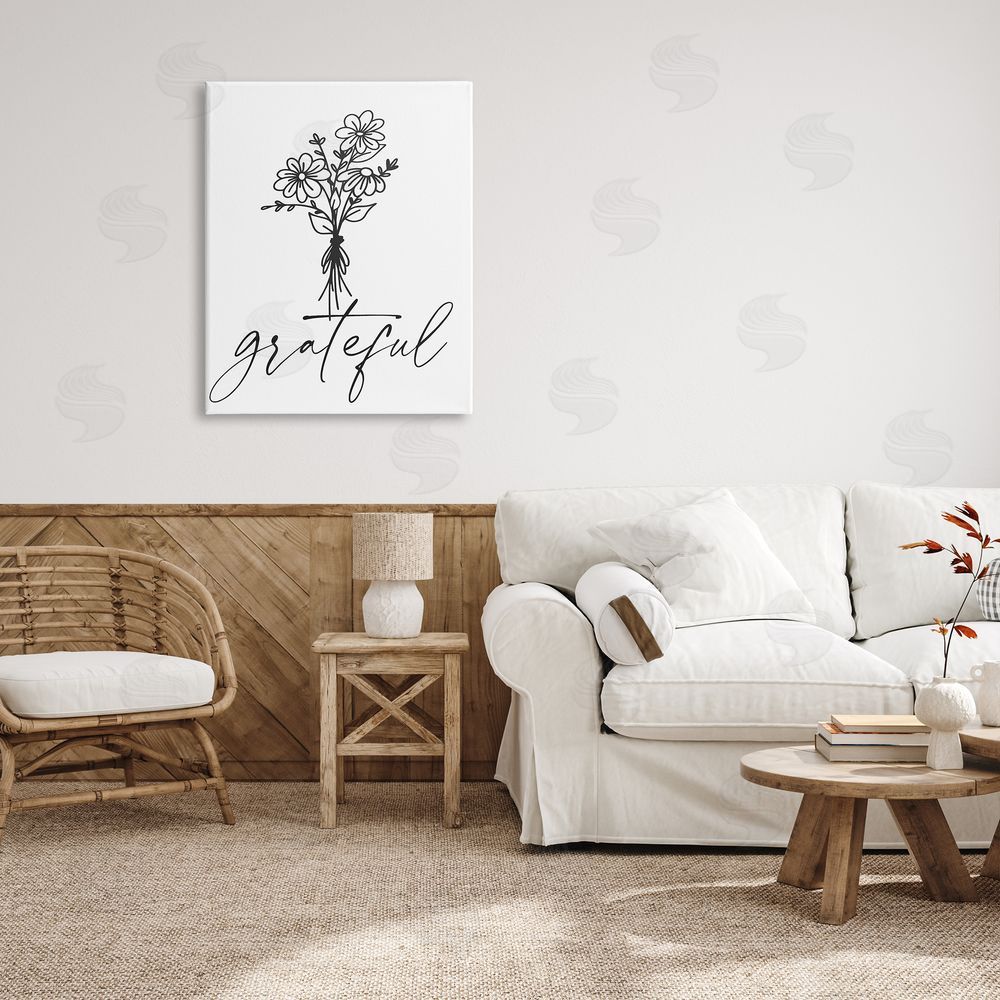 Lettered and Lined Grateful Casual Script Calligraphy Floral Daisies Bouquet Canvas Wall Art Print in Room