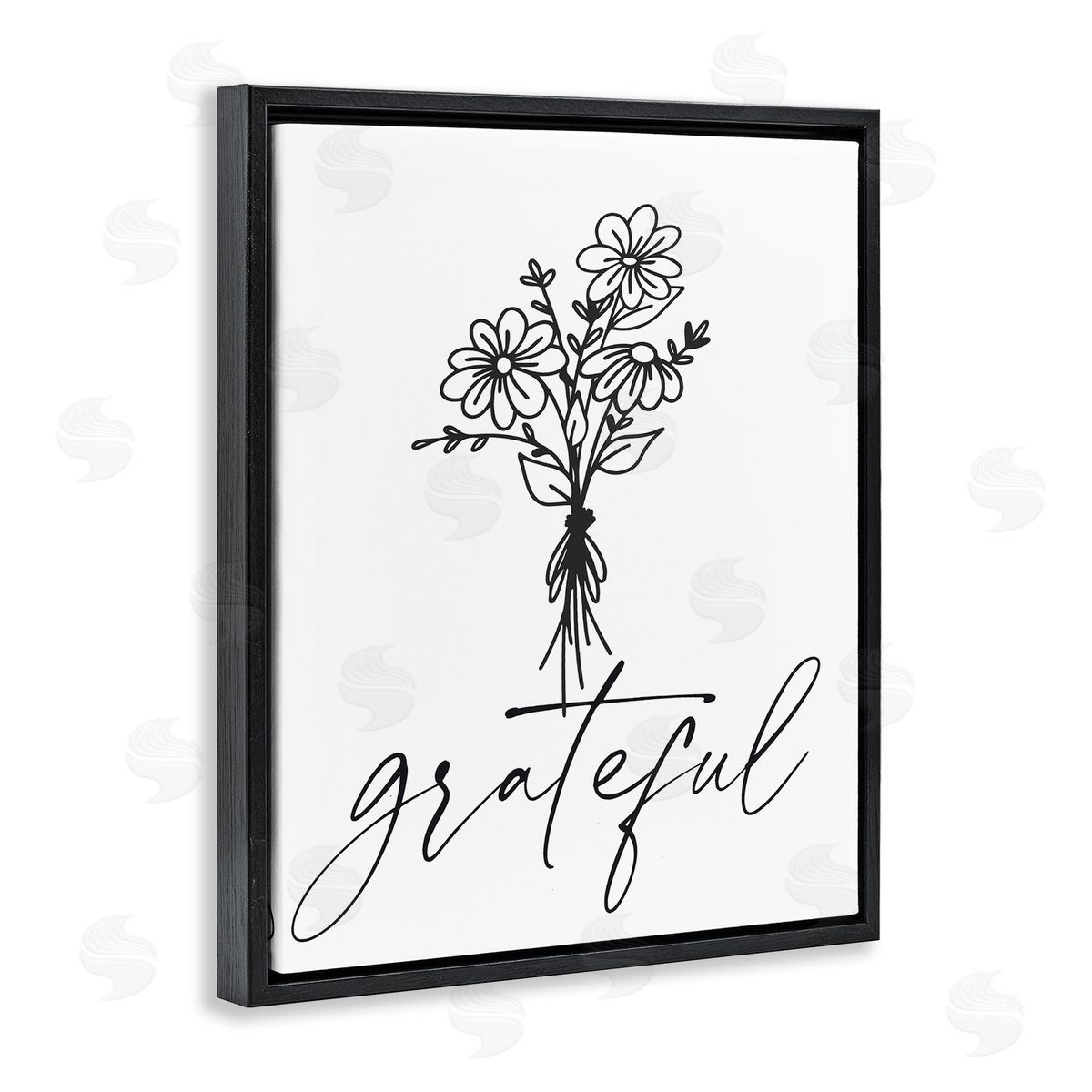 Lettered and Lined Grateful Casual Script Calligraphy Floral Daisies Bouquet Black Floating Frame Canvas Wall Art Print