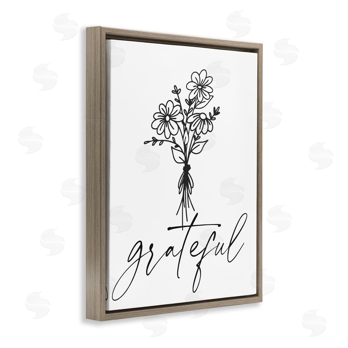 Lettered and Lined Grateful Casual Script Calligraphy Floral Daisies Bouquet Brown Floating Frame Canvas Wall Art Print