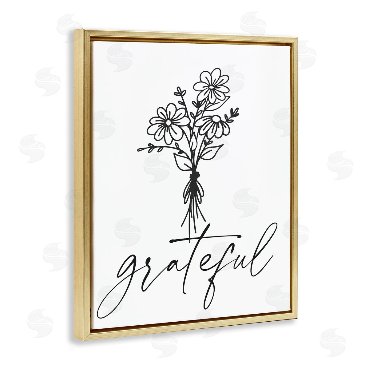 Lettered and Lined Grateful Casual Script Calligraphy Floral Daisies Bouquet Gold Floating Frame Canvas Wall Art Print