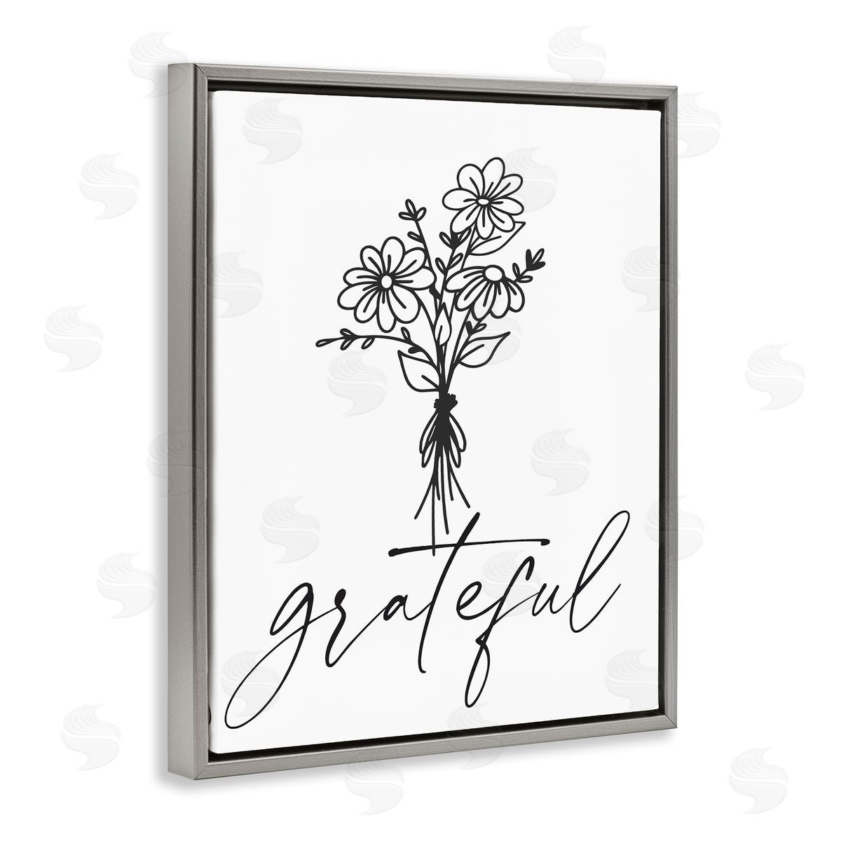 Lettered and Lined Grateful Casual Script Calligraphy Floral Daisies Bouquet Gray Floating Frame Canvas Wall Art Print