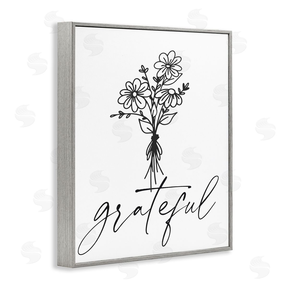 Lettered and Lined Grateful Casual Script Calligraphy Floral Daisies Bouquet Gray Framed Giclee Wall Art Print