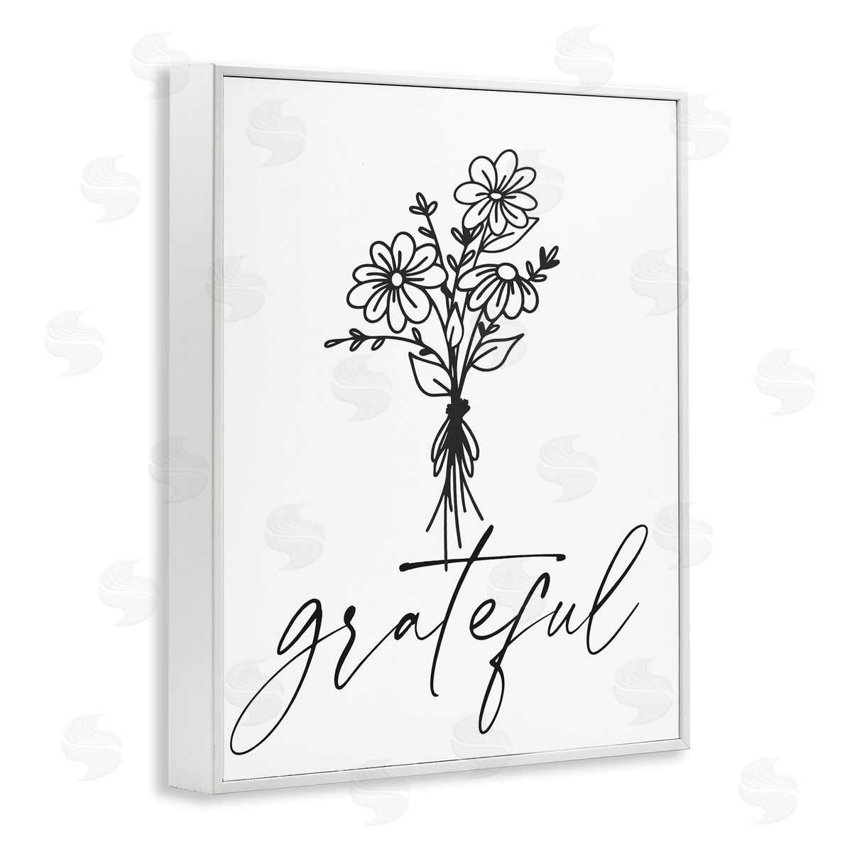 Lettered and Lined Grateful Casual Script Calligraphy Floral Daisies Bouquet White Framed Giclee Wall Art Print