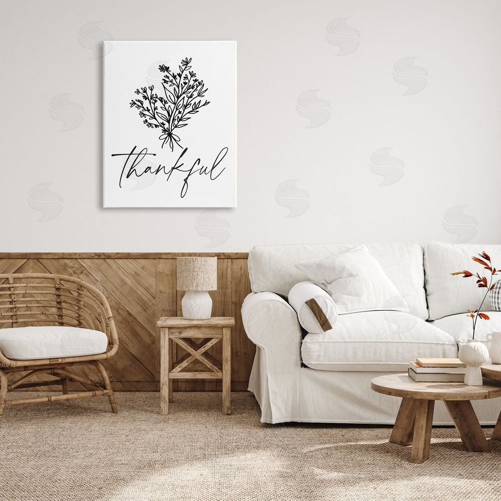 Lettered and Lined Thankful Script Delicate Botanical Blooms Petals Bouquet Canvas Wall Art Print in Room