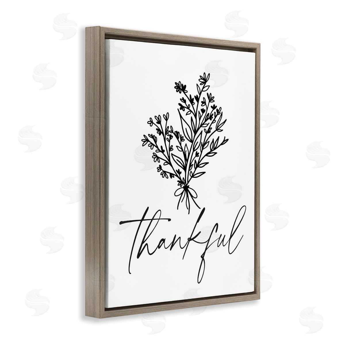 Lettered and Lined Thankful Script Delicate Botanical Blooms Petals Bouquet Brown Floating Frame Canvas Wall Art Print