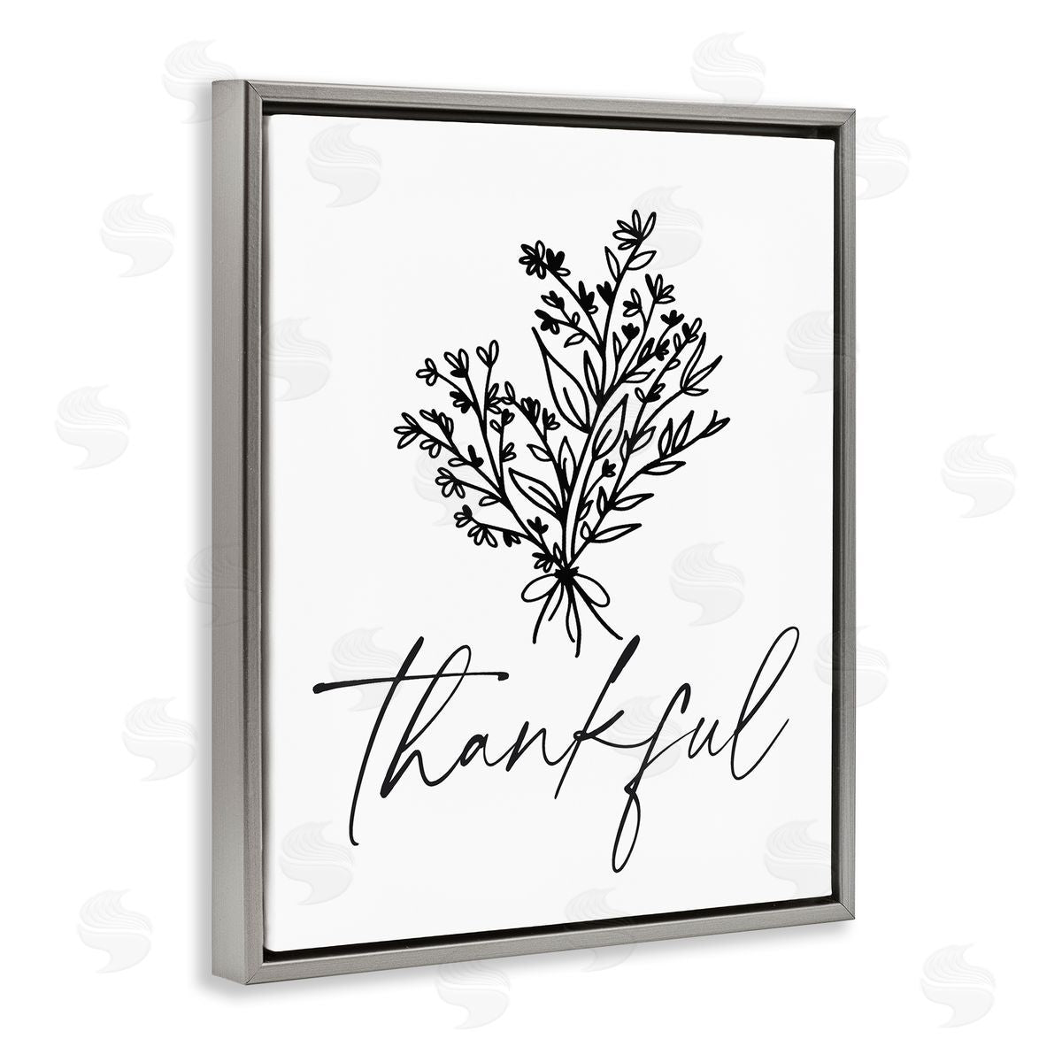 Lettered and Lined Thankful Script Delicate Botanical Blooms Petals Bouquet Gray Floating Frame Canvas Wall Art Print