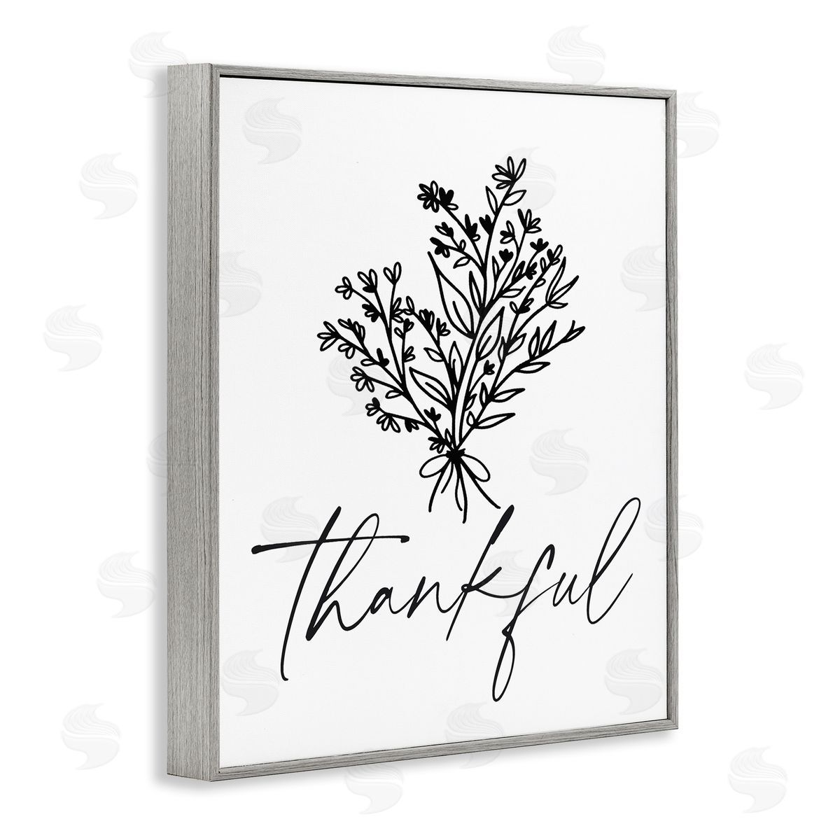 Lettered and Lined Thankful Script Delicate Botanical Blooms Petals Bouquet Gray Framed Giclee Wall Art Print