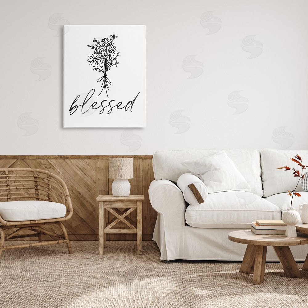 Lettered and Lined Cheerful Daisy Flowers Botanical Arrangement Blessed Script Canvas Wall Art Print in Room