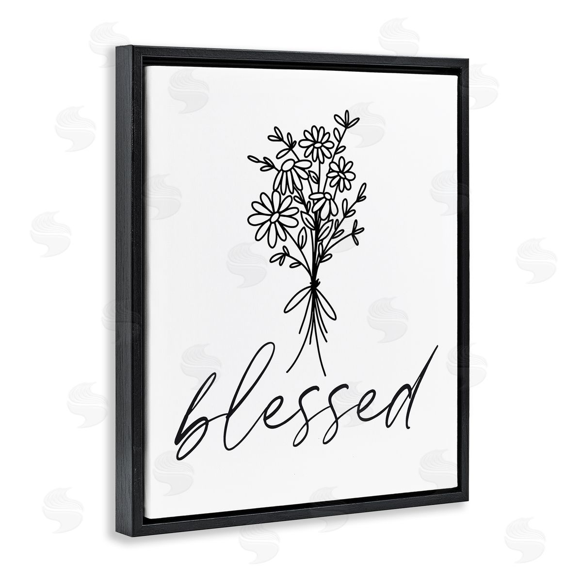 Lettered and Lined Cheerful Daisy Flowers Botanical Arrangement Blessed Script Black Floating Frame Canvas Wall Art Print