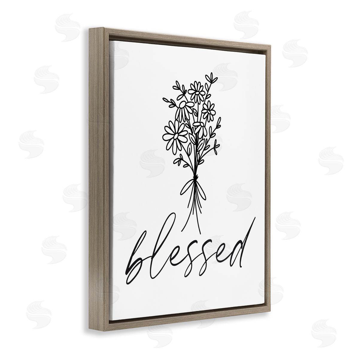 Lettered and Lined Cheerful Daisy Flowers Botanical Arrangement Blessed Script Brown Floating Frame Canvas Wall Art Print