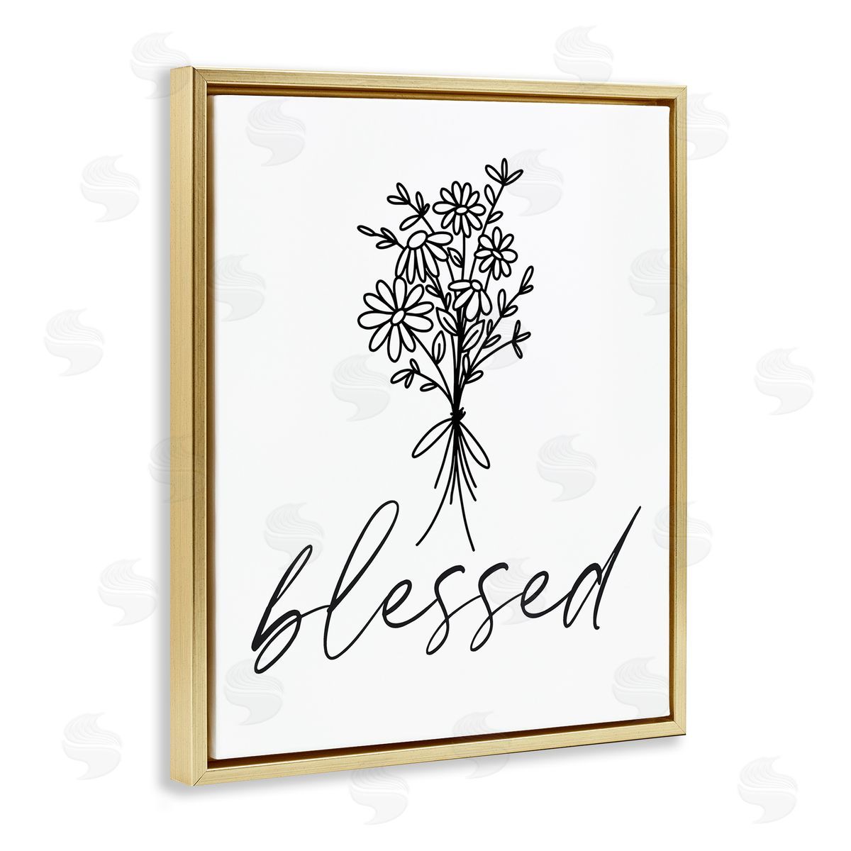 Lettered and Lined Cheerful Daisy Flowers Botanical Arrangement Blessed Script Gold Floating Frame Canvas Wall Art Print