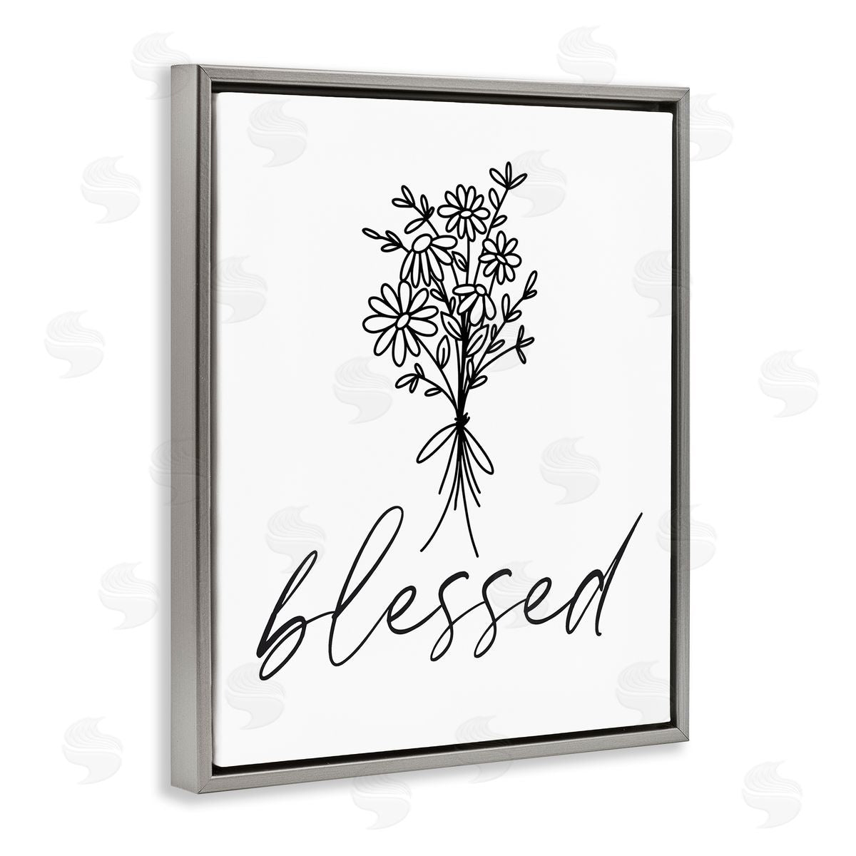 Lettered and Lined Cheerful Daisy Flowers Botanical Arrangement Blessed Script Gray Floating Frame Canvas Wall Art Print