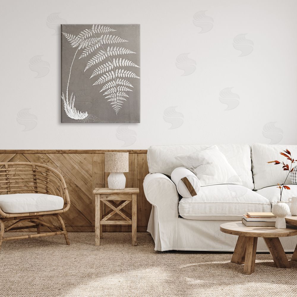 Graffitee Studios Fern Leaves Roots Growing Botanicals Neutral Tones Canvas Wall Art Print in Room