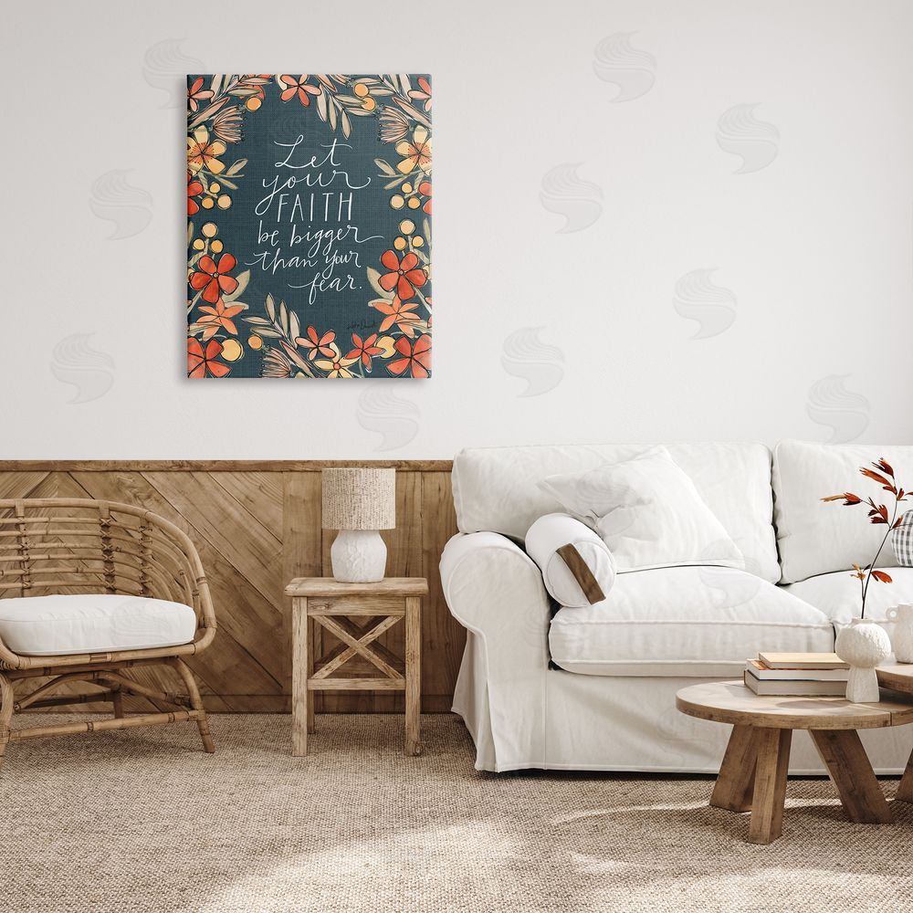 Katie Doucette Faith Over Fear Religious Calligraphy Patterned Floral   Canvas Wall Art Print in Room