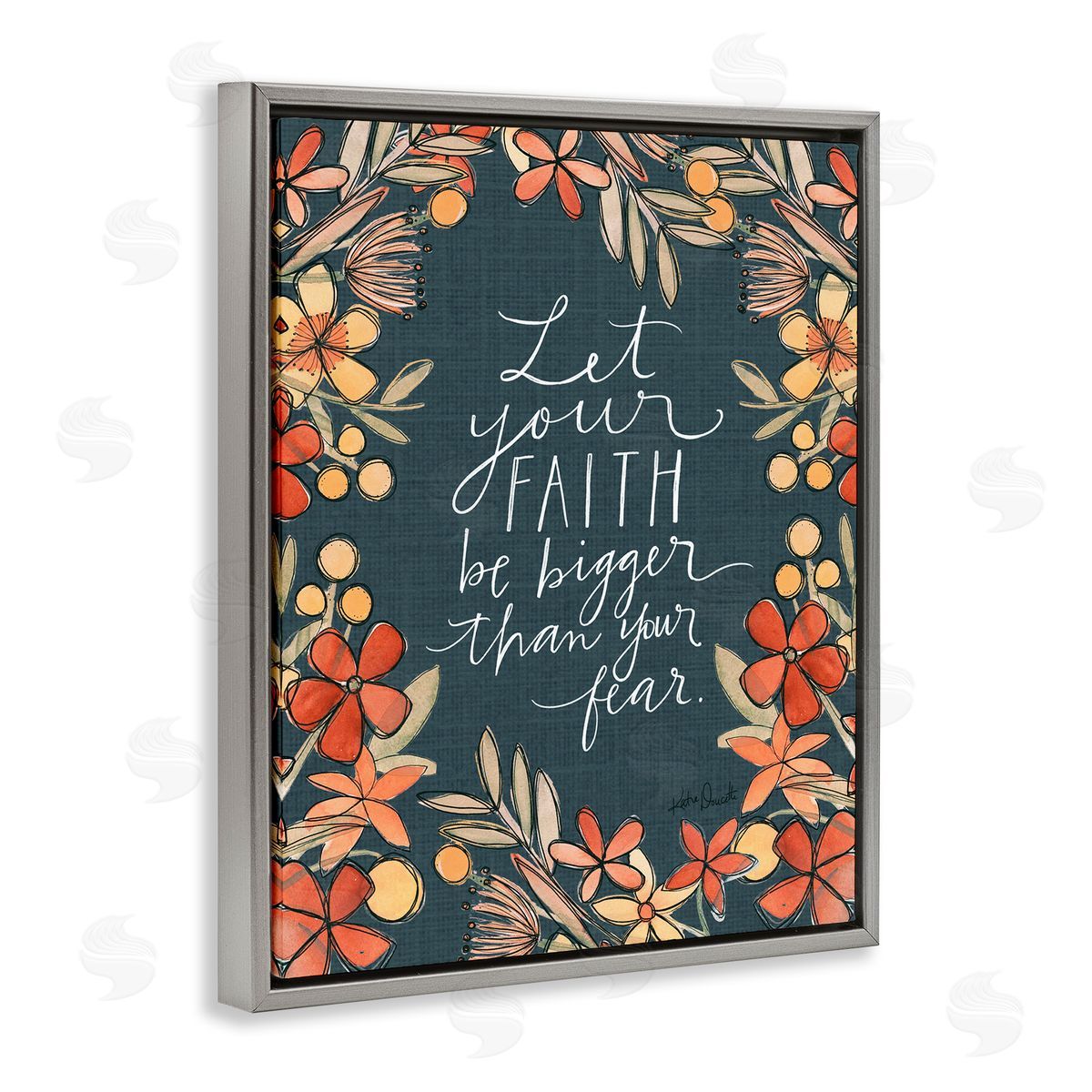 Katie Doucette Faith Over Fear Religious Calligraphy Patterned Floral   Gray Floating Frame Canvas Wall Art Print