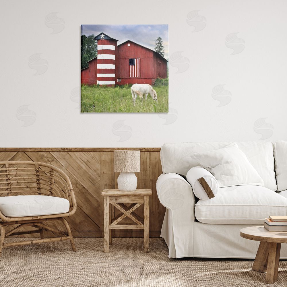 Lori Deiter Grazing White Horse Red Americana Barn Flag Canvas Wall Art in Room