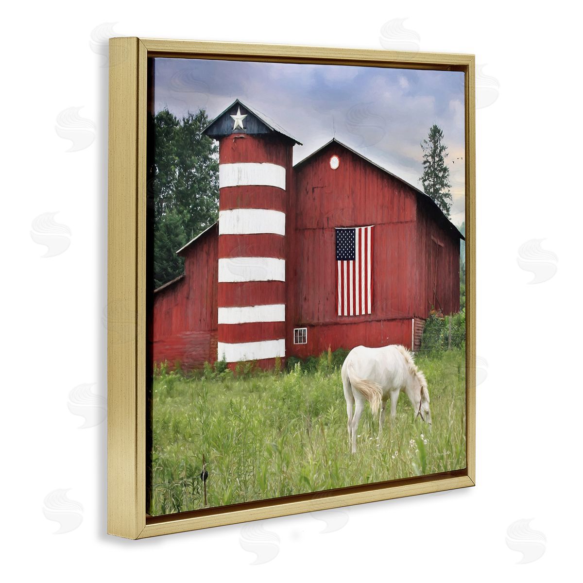 Lori Deiter Grazing White Horse Red Americana Barn Flag Gold Floating Frame Canvas Wall Art Print